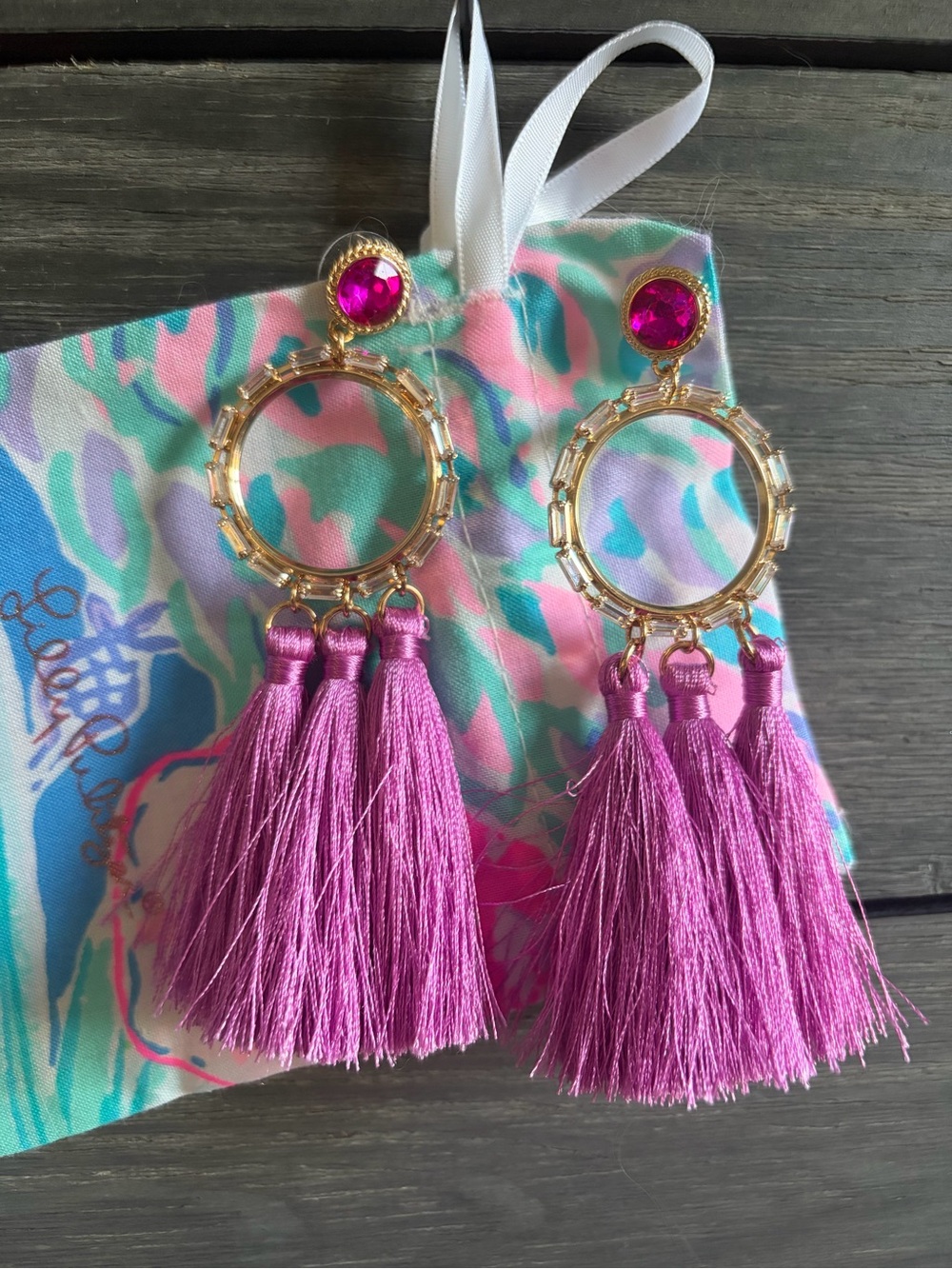 Lilly Pulitzer Gold Hoop Earrings with Fuchsia Tassels